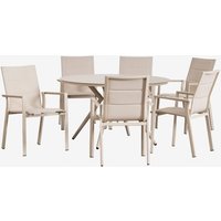 Sklum - Rundes Tischset Valería (Ø125 cm) und 6 stapelbare Aluminium-Gartenstühle Karena Beige Tapioca von SKLUM