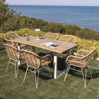 SKLUM Rechteckiges Tischset 180x90 cm aus Akazienholz und Maupi-Stahl und 6 Zole-Gartenstühle aus synthetischem Korbgeflecht Gardenia Weiß von SKLUM