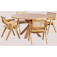 Set aus rundem MDF-Esstisch (Ø140 cm) Pleven und 4 Stühlen mit Armlehnen im Lali-Stil aus Eschenholz und Rattan Braun Natur - Sklum von SKLUM