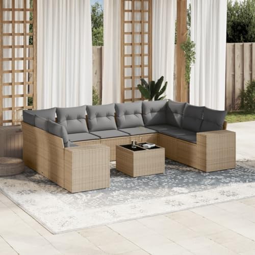 SKM 10-TLG. Garten-Sofagarnitur mit Kissen Beige Poly Rattan,Möbel, Gartenmöbel, Gartenmöbel-Sets,Beige,91.2KG,3255346 von SKM