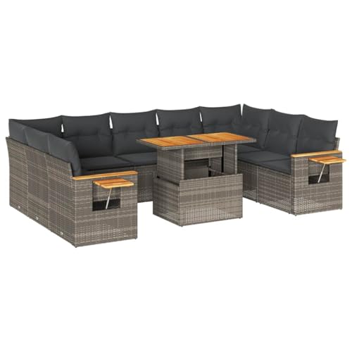 SKM 10-TLG. Garten-Sofagarnitur mit Kissen Grau Poly Rattan Akazie,Möbel,Gartenmöbel,Gartenmöbel-Sets,Grau,95.2 kg,3327644 von SKM