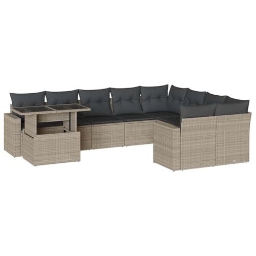 SKM 10-TLG. Garten-Sofagarnitur mit Kissen Hellgrau Poly Rattan,Möbel, Gartenmöbel, Gartenmöbel-Sets,Grau,88KG,3267512 von SKM