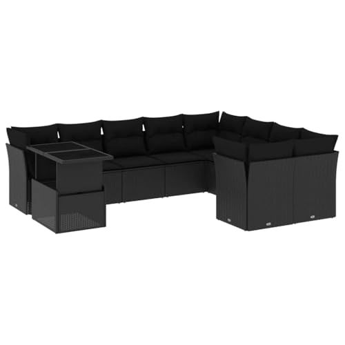 SKM 10-TLG. Garten-Sofagarnitur mit Kissen Schwarz Poly Rattan,Möbel, Gartenmöbel, Gartenmöbel-Sets,Schwarz,88.6KG,3266845 von SKM