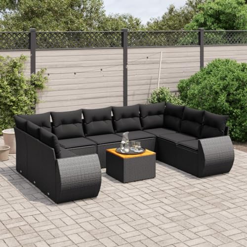 SKM 10-TLG. Garten-Sofagarnitur mit Kissen Schwarz Poly Rattan,Möbel,Gartenmöbel,Gartenmöbel-Sets,Schwarz,84.6KG,3257476 von SKM