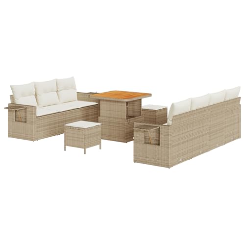 SKM 10-teiliges Garten Sofa Set mit Kissen Beigefarbenes Poly Rattan Akazie,Möbel,Gartenmöbel,Gartensitzmöbel,Gartensofas,Beige,86.4KG,3363656 von SKM