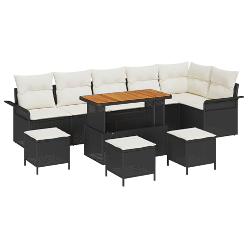 SKM 10-teiliges Garten Sofa Set mit Kissen Schwarz Poly Rattan Akazie,Möbel,Gartenmöbel,Gartensitzmöbel,Gartensofas,Schwarz,75.6KG,3364110 von SKM
