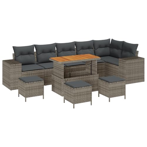 SKM 10-teiliges Garten Sofa Set mit Kissen grau Poly Rattan Akazie,Möbel,Gartenmöbel,Gartensitzmöbel,Gartensofas,Grau,77KG,3362033 von SKM