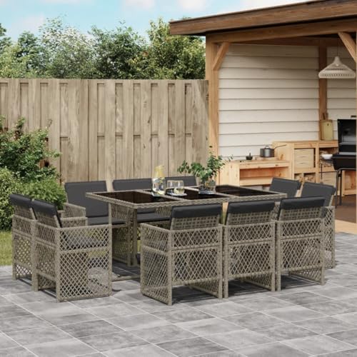 SKM 11-TLG. Garten-Essgruppe mit Kissen Grau Poly Rattan,Möbel,Gartenmöbel,Gartenmöbel-Sets,Grau,102.6 kg,3210848 von SKM