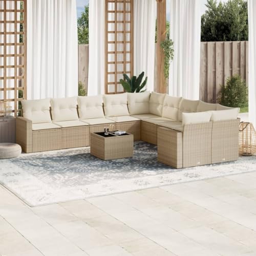 SKM 11-TLG. Garten-Sofagarnitur mit Kissen Beige Poly Rattan,Möbel ， Gartenmöbel ， Gartenmöbel-Sets,Beige,87.9KG,3219508 von SKM