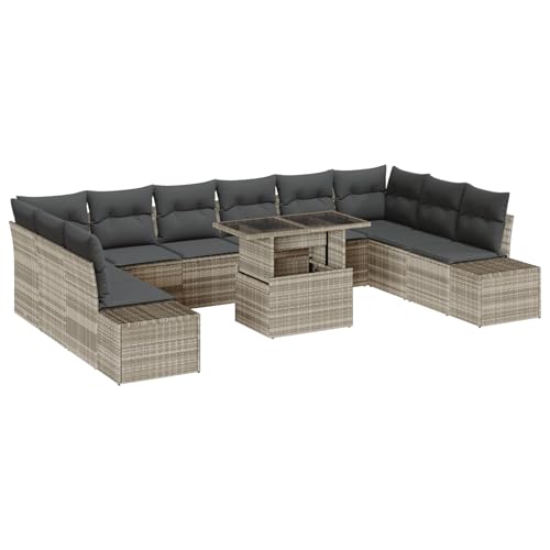 SKM 11-TLG. Garten-Sofagarnitur mit Kissen Hellgrau Poly Rattan,Möbel,Gartenmöbel,Gartensitzmöbel,Gartensofas,Grau,95.6KG,3349258 von SKM