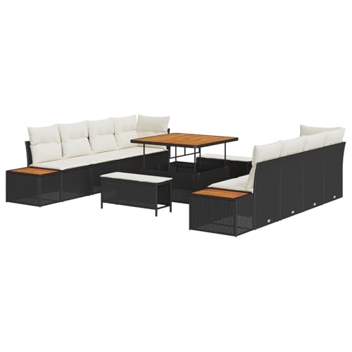 SKM 11-teiliges Garten Sofa Set mit Kissen Schwarz Poly Rattan Akazie,Möbel,Gartenmöbel,Gartensitzmöbel,Gartensofas,Schwarz,103KG,3364845 von SKM