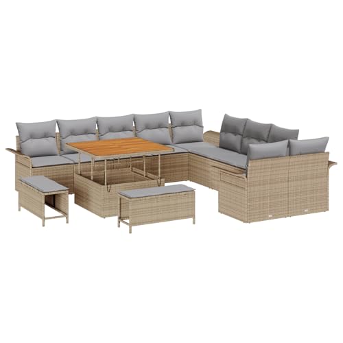 SKM 13-teiliges Garten Sofa Set mit Kissen Beige Poly Rattan Akazie,Möbel,Gartenmöbel,Gartensitzmöbel,Gartensofas,Beige,114.7KG,3364137 von SKM