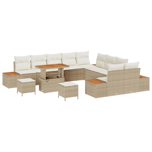 SKM 13-teiliges Garten Sofa Set mit Kissen Beige Poly Rattan Akazie,Möbel,Gartenmöbel,Gartensitzmöbel,Gartensofas,Beige,117.2KG,3364926 von SKM