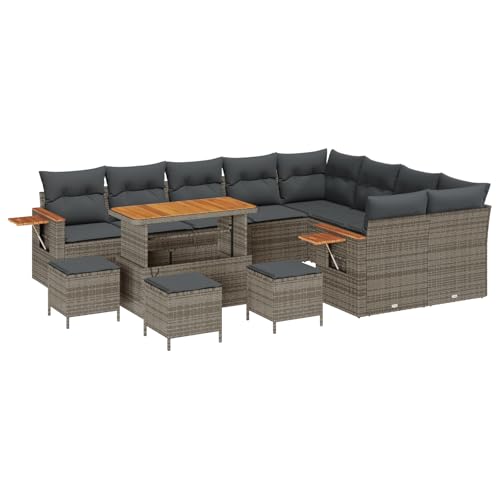 SKM 13-teiliges Garten Sofa Set mit Kissen Grau Poly Rattan Akazie,Möbel,Gartenmöbel,Gartensitzmöbel,Gartensofas,Grau,106.2KG,3365173 von SKM