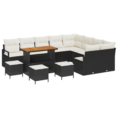 SKM 13-teiliges Garten Sofa Set mit Kissen Schwarz Poly Rattan Akazie,Möbel,Gartenmöbel,Gartensitzmöbel,Gartensofas,Schwarz,101.2KG,3364520 von SKM