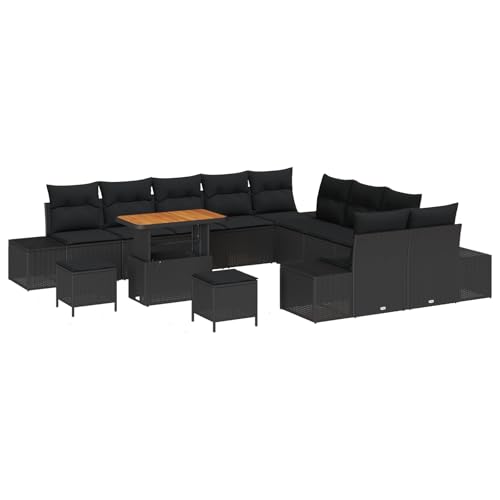SKM 13-teiliges Garten-Sofa-Set mit Kissen Schwarz Poly Rattan Akazie,Möbel,Gartenmöbel,Gartensitzmöbel,Gartensofas,Schwarz,108KG,3364794 von SKM