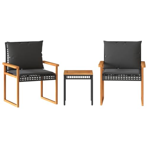 SKM 3-TLG. Bistro-Set mit Kissen Schwarz Poly Rattan Akazienholz,Möbel,Gartenmöbel,Gartenmöbel-Sets,Schwarz,16KG,365860 von SKM
