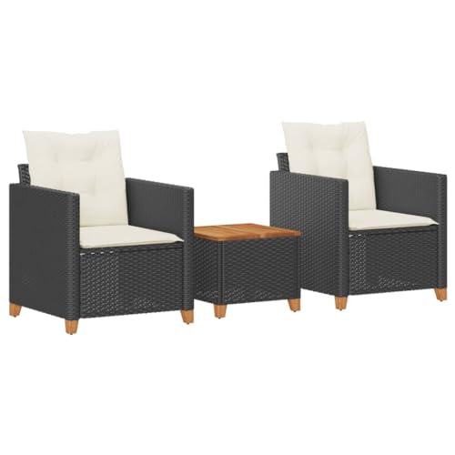SKM 3-TLG. Bistro-Set mit Kissen Schwarz Poly Rattan Akazienholz,Möbel,Gartenmöbel,Gartenmöbel-Sets,Schwarz,22.5KG,366309 von SKM