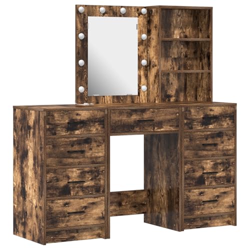 SKM 3-TLG. Schminktisch-Set mit LED-Leuchten Räuchereiche,Möbel,Schränke,Spiegel- & Waschbeckenunterschränke,Schminktische,Braun,62.35KG,3334222 von SKM
