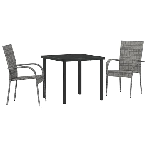SKM 3-teiliges Garten-Essset Grau Poly-Rattan,Möbel,Gartenmöbel,Gartensitzmöbel,Gartenstühle,Grau,25KG,3379408 von SKM