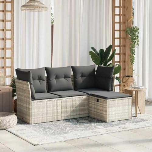 SKM 4-TLG. Garten-Sofagarnitur mit Kissen Hellgrau Poly Rattan,Möbel ， Gartenmöbel ， Gartenmöbel-Sets,Grau,33KG,3263118 von SKM