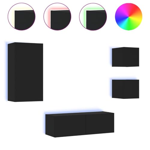 SKM 4-TLG. TV-Wohnwand mit LED-Leuchten Schwarz,Möbel,TV-Möbel,Schwarz,50.56 kg,3216882 von SKM