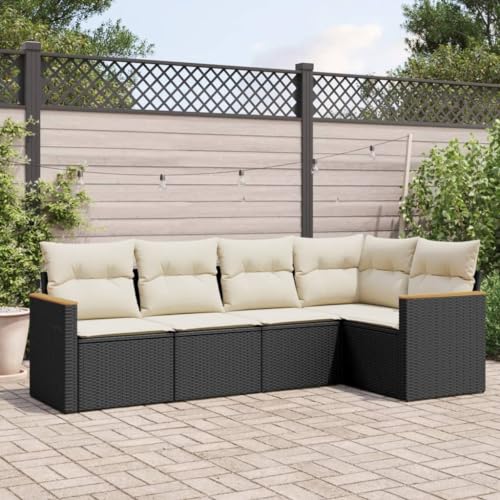 SKM 5-TLG. Garten-Sofagarnitur mit Kissen Schwarz Poly Rattan,Möbel,Gartenmöbel,Gartenmöbel-Sets,Schwarz,42.7KG,3225944 von SKM