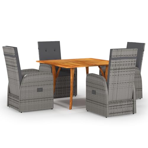 SKM 5-teilige Garten-Essgruppe mit Kissen Grau Poly Rattan Akazie,Möbel, Gartenmöbel, Gartentische,Grau,75.1KG,3172813 von SKM