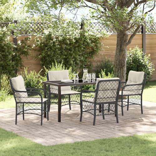 SKM 5-teiliges Garten-Dining-Set mit Kissen Schwarz Poly Rattan,Möbel,Gartenmöbel,Gartensitzmöbel,Gartenstühle,Schwarz,49.25KG,3380199 von SKM