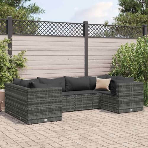 SKM 6-TLG. Garten-Lounge-Set mit Kissen Grau Poly Rattan,Möbel,Gartenmöbel,Gartenmöbel-Sets,Grau,44KG,3308250 von SKM