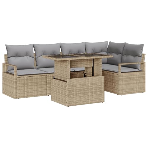 SKM 6-teiliges Garten-Sofa-Set mit Kissen Beige Poly Rattan,Möbel,Gartenmöbel,Gartensitzmöbel,Gartensofas,Beige,59.5KG,3357563 von SKM