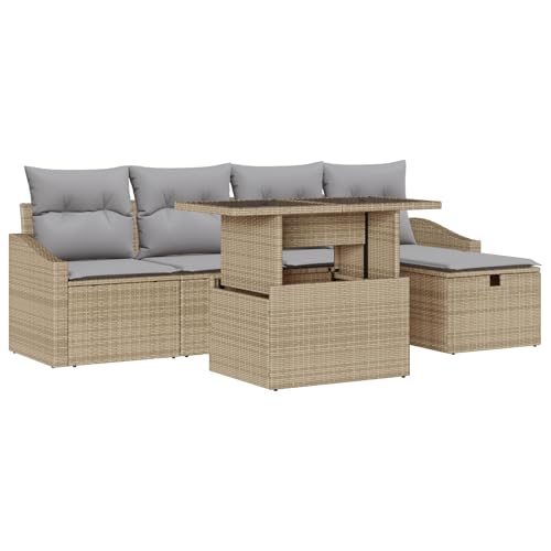 SKM 6-teiliges Garten Sofa Set mit Kissen in Beige Poly Rattan,Möbel,Gartenmöbel,Gartensitzmöbel,Gartensofas,Beige,54.4KG,3359827 von SKM