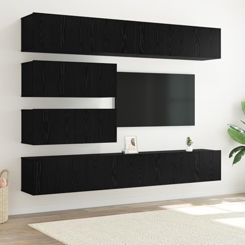 SKM 6-teiliges TV-Schrank Set wandmontiertes schwarzes Eichenholz Spielholz,Möbel,TV-Möbel,Schwarz,53.1KG,3332531 von SKM