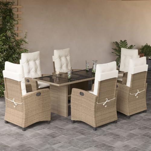 SKM 7-TLG. Garten-Essgruppe mit Kissen Beige Poly Rattan,Möbel, Gartenmöbel, Gartenmöbel-Sets,Beige,93KG,3212692 von SKM
