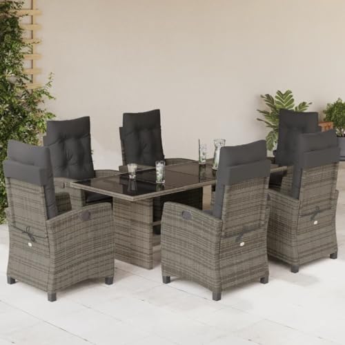 SKM 7-TLG. Garten-Essgruppe mit Kissen Grau Poly Rattan,Möbel, Gartenmöbel, Gartenmöbel-Sets,Grau,93KG,3212689 von SKM