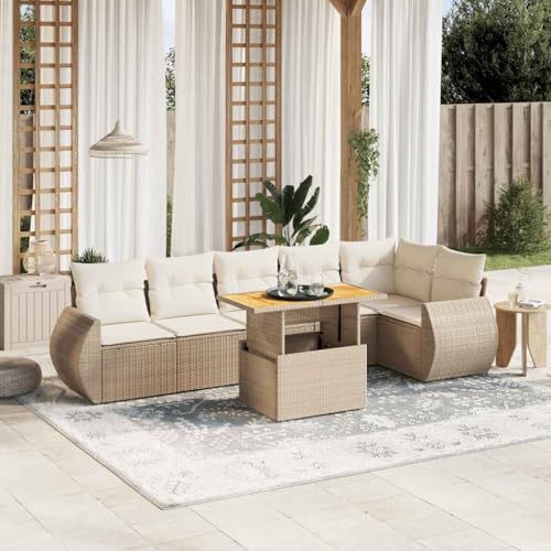 SKM 7-TLG. Garten-Sofagarnitur mit Kissen Beige Poly Rattan,Möbel, Gartenmöbel, Gartenmöbel-Sets,Beige,62.9KG,3272206 von SKM