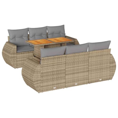 SKM 7-TLG. Garten-Sofagarnitur mit Kissen Beige Poly Rattan,Möbel, Gartenmöbel, Gartenmöbel-Sets,Beige,70.7KG,3327223 von SKM