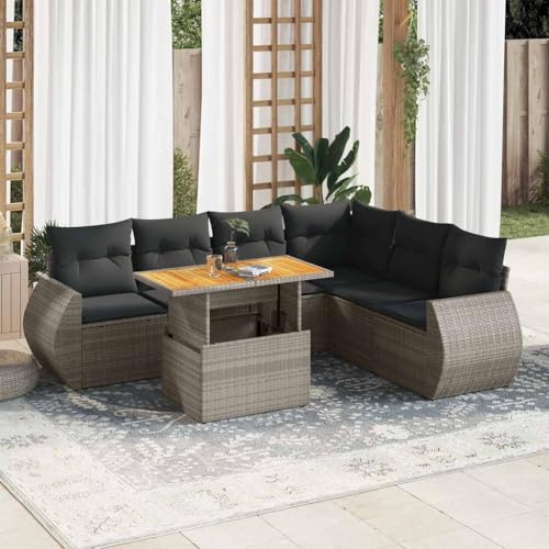 SKM 7-TLG. Garten-Sofagarnitur mit Kissen Grau Poly Rattan,Möbel, Gartenmöbel, Gartenmöbel-Sets,Grau,68.6KG,3327273 von SKM