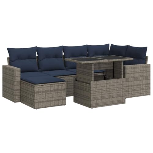 SKM 7-TLG. Garten-Sofagarnitur mit Kissen Grau Poly Rattan Akazie,Möbel,Gartenmöbel,Gartenmöbel-Sets,Grau,68.3 kg,3326352 von SKM