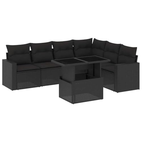 SKM 7-TLG. Garten-Sofagarnitur mit Kissen Schwarz Poly Rattan,Möbel, Gartenmöbel, Gartenmöbel-Sets,Schwarz,62.9KG,3267295 von SKM