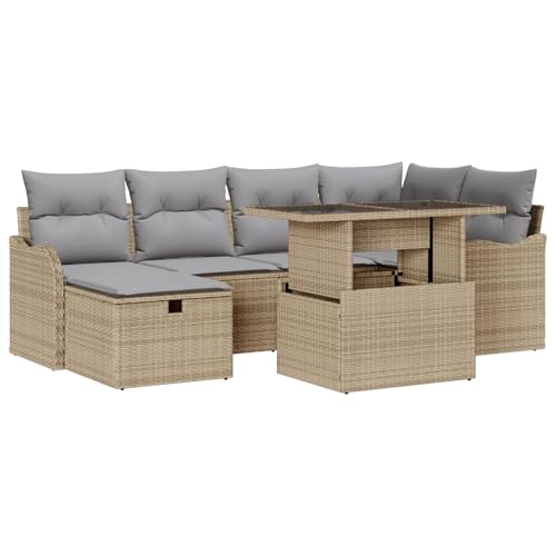SKM 7-teilige Garten Sofa Set mit Kissen Beige Poly Rattan,Möbel,Gartenmöbel,Gartensitzmöbel,Gartensofas,Beige,64.7KG,3359717 von SKM