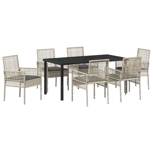 SKM 7-teiliges Garten Essset mit Kissen Hellgrau Poly Rattan,Möbel,Gartenmöbel,Gartensitzmöbel,Gartenstühle,Grau,57.34KG,3379902 von SKM