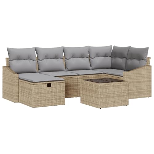 SKM 7-teiliges Garten Sofa Set mit Kissen Beige Poly Rattan,Möbel,Gartenmöbel,Gartensitzmöbel,Gartensofas,Beige,56.6KG,3359289 von SKM