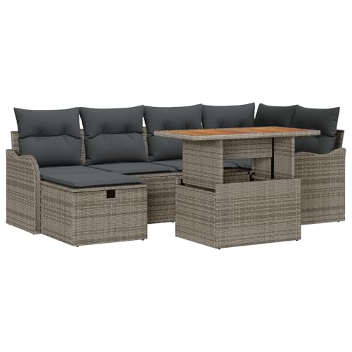 SKM 7-teiliges Garten-Sofa-Set mit Kissen Grau Poly Rattan,Möbel,Gartenmöbel,Gartensitzmöbel,Gartensofas,Grau,62.7KG,3359940 von SKM