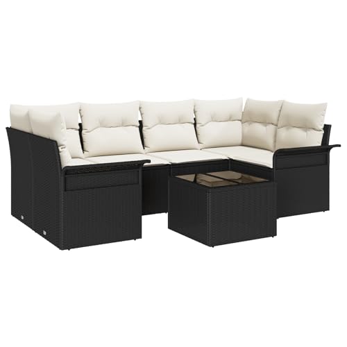 SKM 7-teiliges Garten Sofa Set mit Kissen Schwarz Poly Rattan,Möbel,Gartenmöbel,Gartensitzmöbel,Gartensofas,Schwarz,61.5KG,3353926 von SKM
