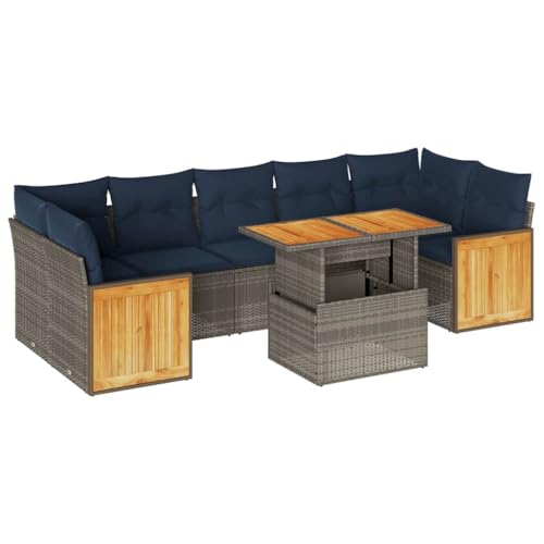 SKM 8-TLG. Garten-Sofagarnitur mit Kissen Grau Poly Rattan Akazie,Möbel, Gartenmöbel, Gartenmöbel-Sets,Grau,76.6KG,3327687 von SKM