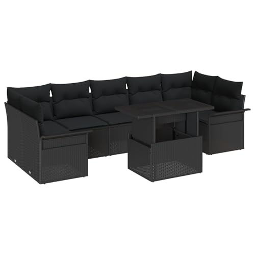 SKM 8-teiliges Garten-Sofa-Set mit Kissen Schwarz Poly Rattan,Möbel,Gartenmöbel,Gartensitzmöbel,Gartensofas,Schwarz,76KG,3356976 von SKM