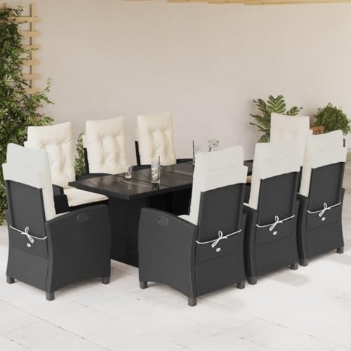 SKM 9-TLG. Garten-Essgruppe mit Kissen Schwarz Poly Rattan,Möbel, Gartenmöbel, Gartenmöbel-Sets,Schwarz,116.2KG,3212682 von SKM