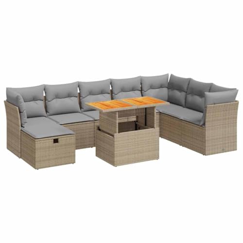 SKM 9-TLG. Garten-Sofagarnitur mit Kissen Beige Poly Rattan Akazie,Möbel, Gartenmöbel, Gartenmöbel-Sets,Beige,82.6KG,3327990 von SKM