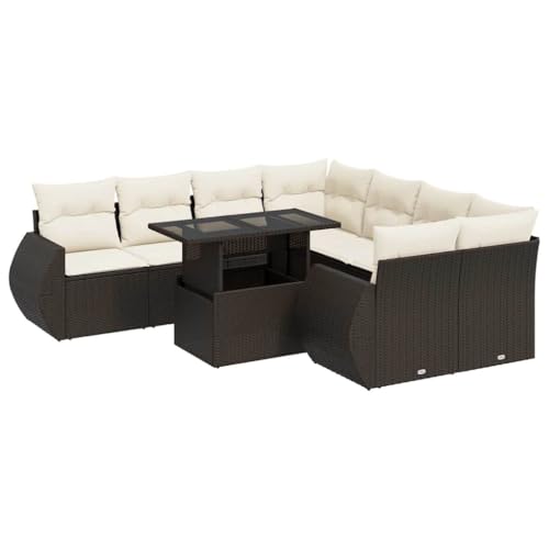 SKM 9-TLG. Garten-Sofagarnitur mit Kissen Braun Poly Rattan,Möbel, Gartenmöbel, Gartenmöbel-Sets,Braun,84.3KG,3326614 von SKM